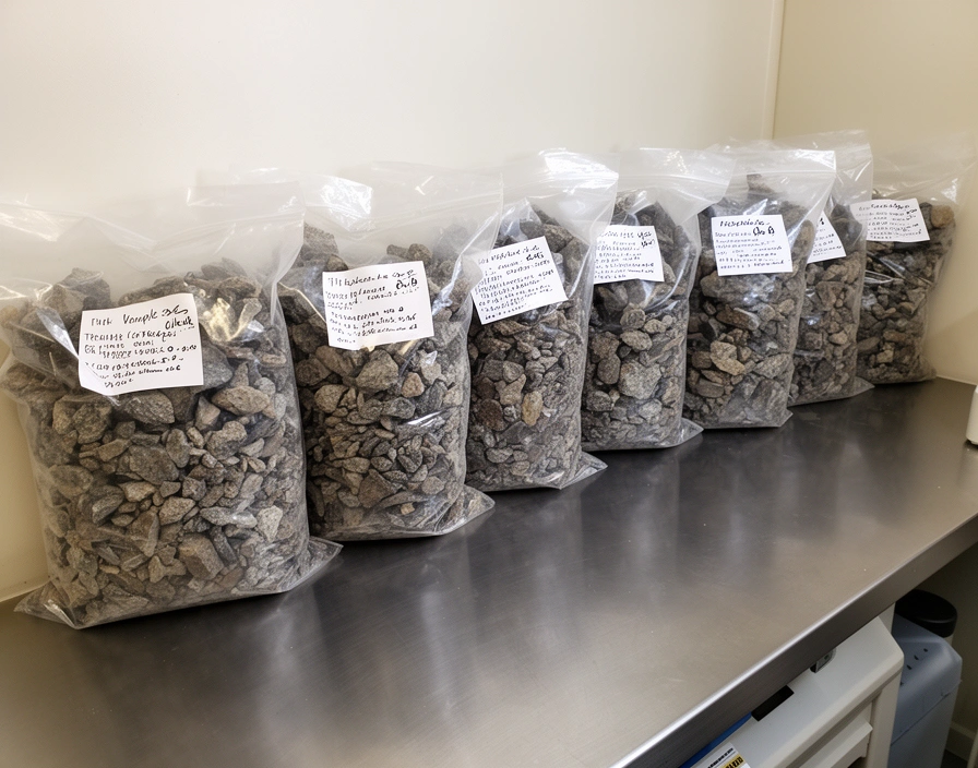 Lote de bolsas de muestras rotuladas sobre la mesada