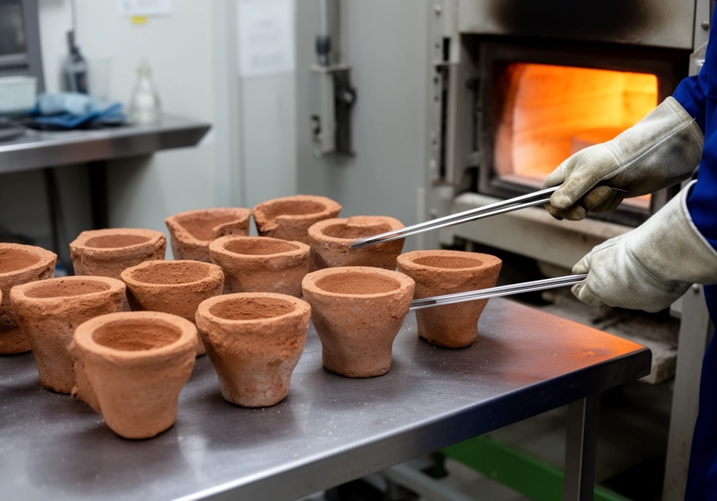 Crisoles de fusión en la mesa junto a la boca del horno